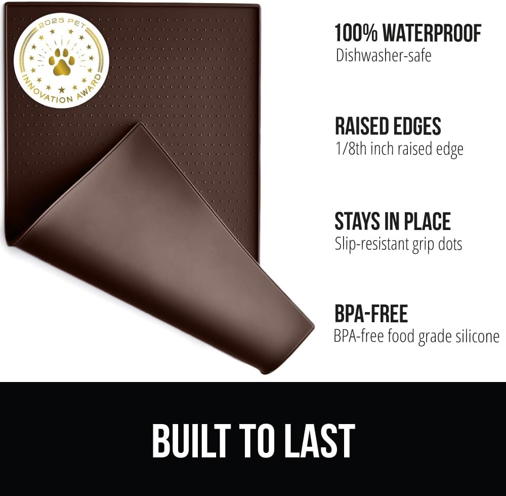 GORILLA GRIP 100% Waterproof Raised Edge BPA Free Silicone Pet Feeding Mat, Dog Cat Food Mats