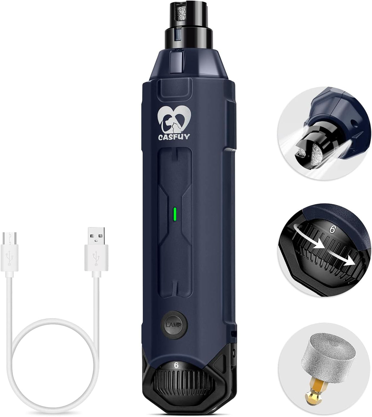 Casfuy 6-Speed Dog Nail Grinder - Newest Enhanced Pet Nail Grinder Super Quiet Rechargeable