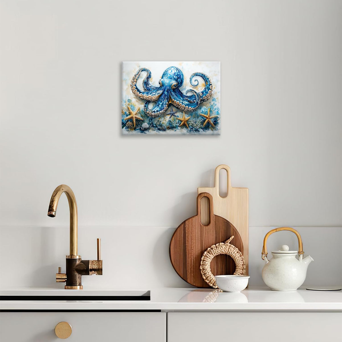Octopus Bathroom Pictures Wall Art, Sea Animal Ocean Bathroom Wall Decor, Nautical Framed Painting