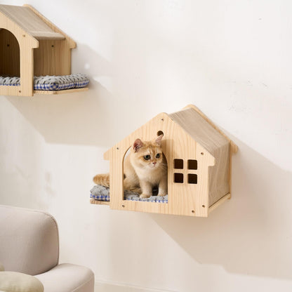 SHENGOCASE Natural Wood Cat Wall Shelves Bed, 2-Pack, Wall-Mounted Box House Perch, Cat Condo