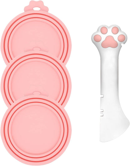 3 Pcs Pet Food Can Lids & One Can Spoon | Cute Paw Shape Opener Spatula Cat Wet Food Spoon |