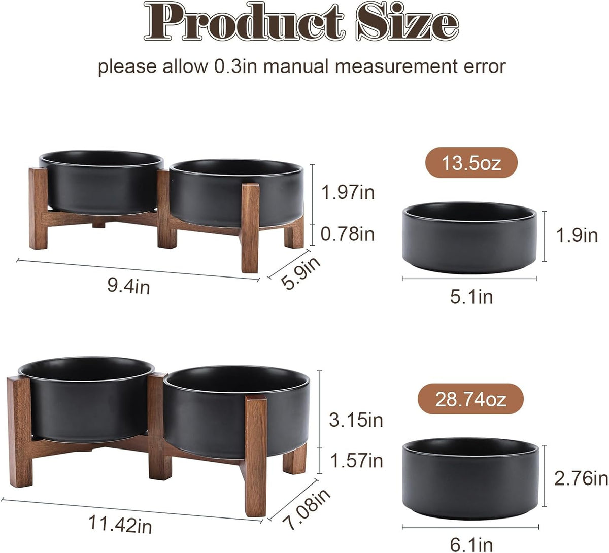 SPUNKYJUNKY Ceramic Dog Bowls with Acacia Wood Stand - Raised Dog Food and Water Bowl Set for Small