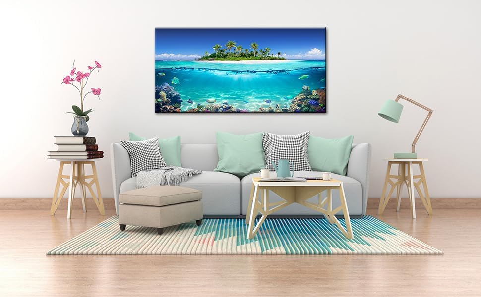 Tropical Island Coral Reef Landscape Canvas Wall Art for Living Room,Unique View Split Waterline