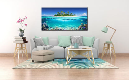 Tropical Island Coral Reef Landscape Canvas Wall Art for Living Room,Unique View Split Waterline
