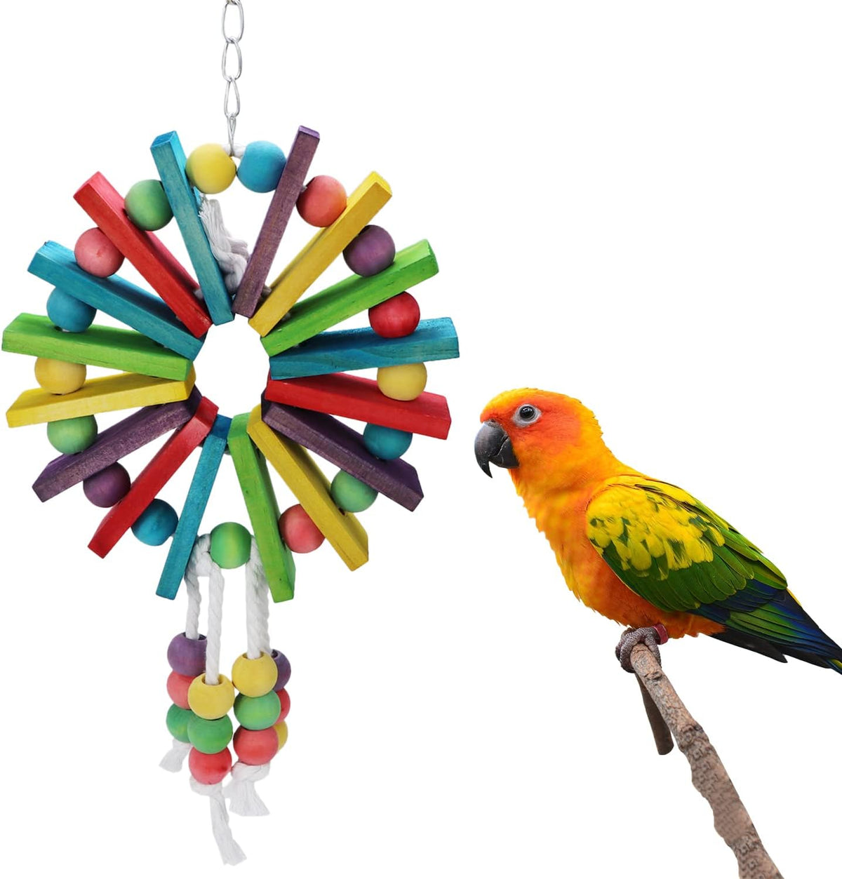 Parrot Hanging Chew Toy Bird Bite Swing with Colorful Wood Beads Bells for Parrot Macaw African