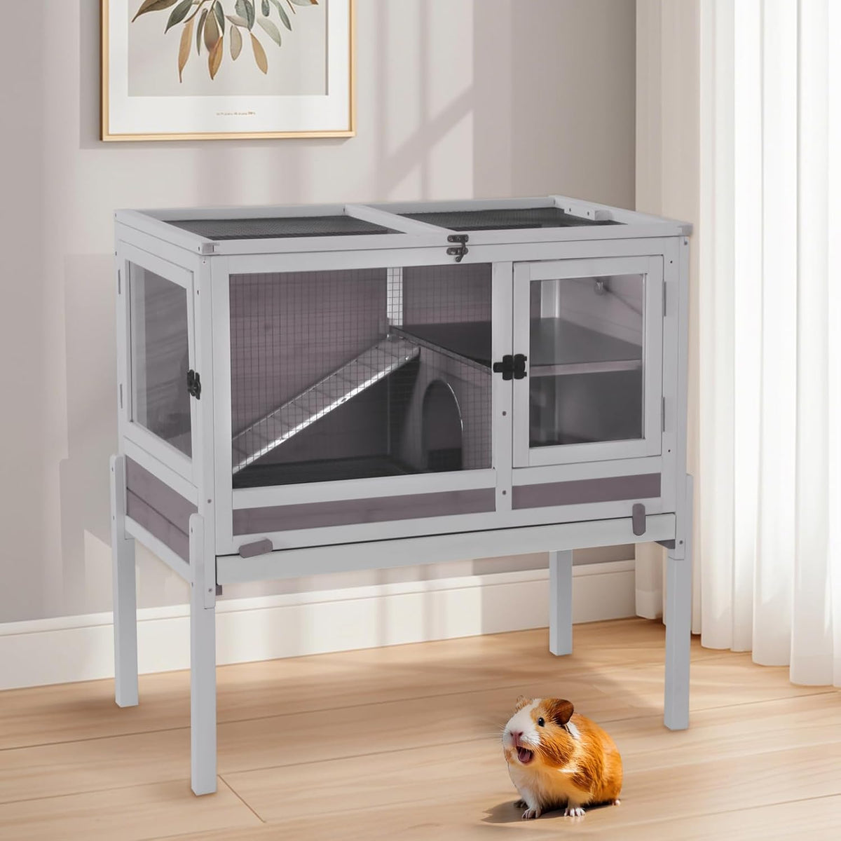 Aivituvin 2-Story Rabbit Hutch with Anti-Chew Ramp & Zinc Sheet - 36.6" Indoor Guinea Pig Cage