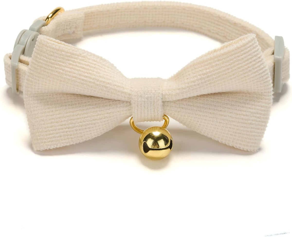 2 Pack Soft Corduroy Cat Collars with Bow Tie & Bell, Adjustable Breakaway Cotton Kitty Bowtie