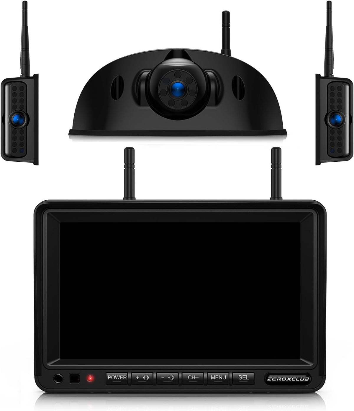 3-Camera Wireless RV Backup Camera System with 7-Inch Monitor, 1 Rear Sharkfin, 2 Side Cameras, DVR