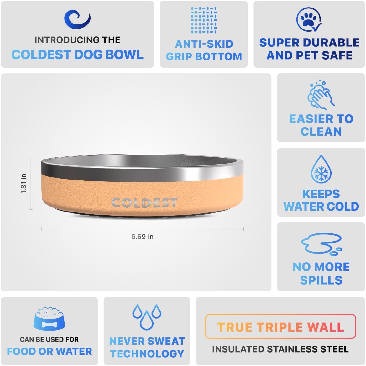 Coldest Dog Bowl - Anti Rust Metal, Non Slip, 3 Layers Insulated Stainless Steel Dog Bowls - Spill