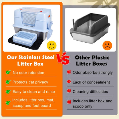 Vivifying Stainless Steel Litter Box with Lid, XL Side Entry Extra Large Litter Box for Big Cats &