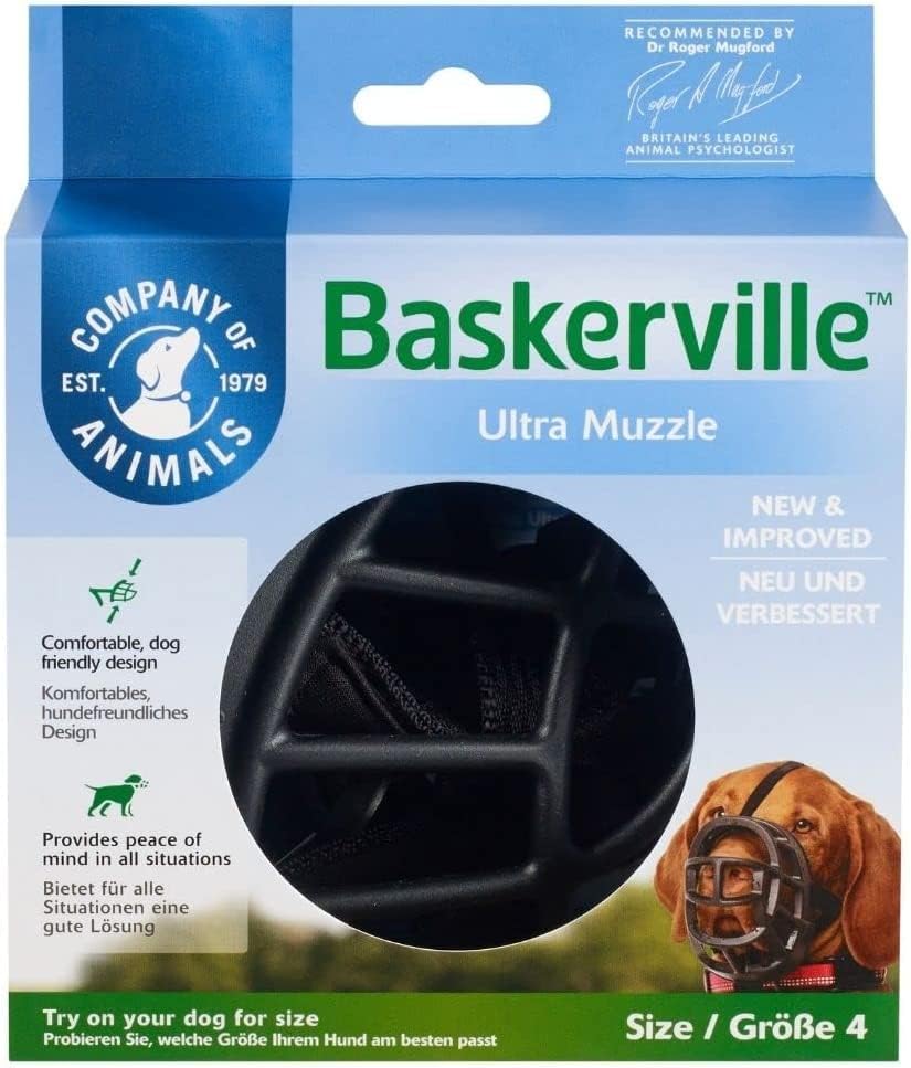 BASKERVILLE ULTRA MUZZLE - Patented Humane Design, Breathable, Dog can Pant and Drink, Adjustable