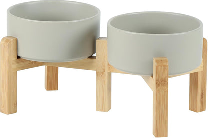 Ceramic Raised Double Bowls Set with Stand, 2 Heights Elevated, Food & Water Bowls for Small Breed