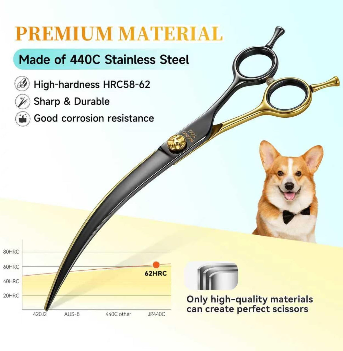 45°Super Curved Dog Grooming Scissors 440C Stainless Steel CNC 7.5'' Big Arc Curved Dog Shears