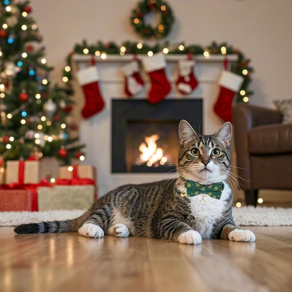 Christmas Cat Collar 2 Pack Cotton Bowtie Cat Collars Glittery Snowflakes Cute Kitten