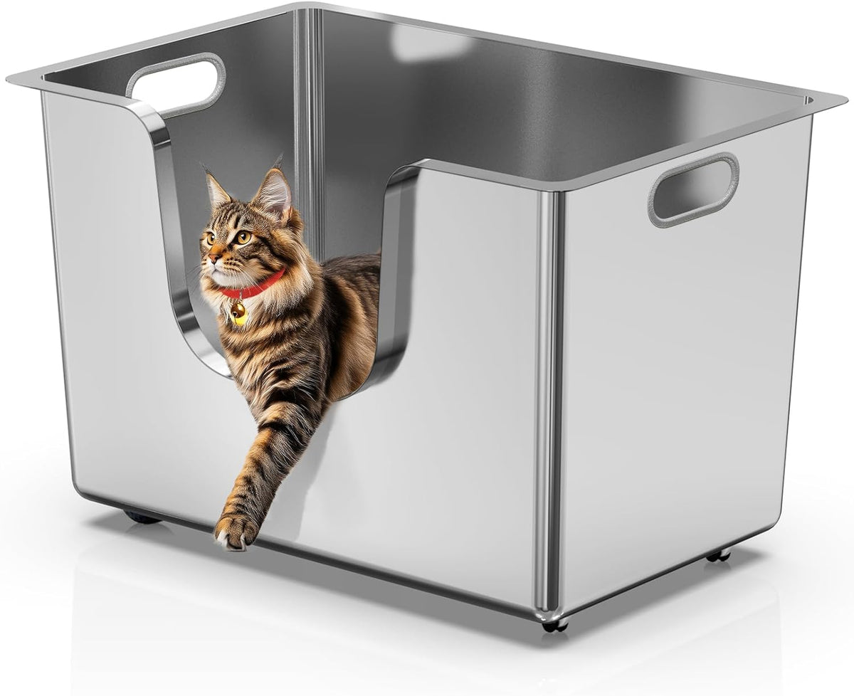 Enclosed Stainless Steel Cat Litter Box 13.8” High Sides, Extra Large Litter Box for Big Cats, XL