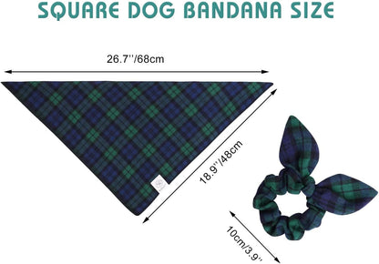 E-Clover Dog Bandanas Boy & Matching Scrunchie Set Plaid Dog Scarf Kerchief for Medium Large Dog