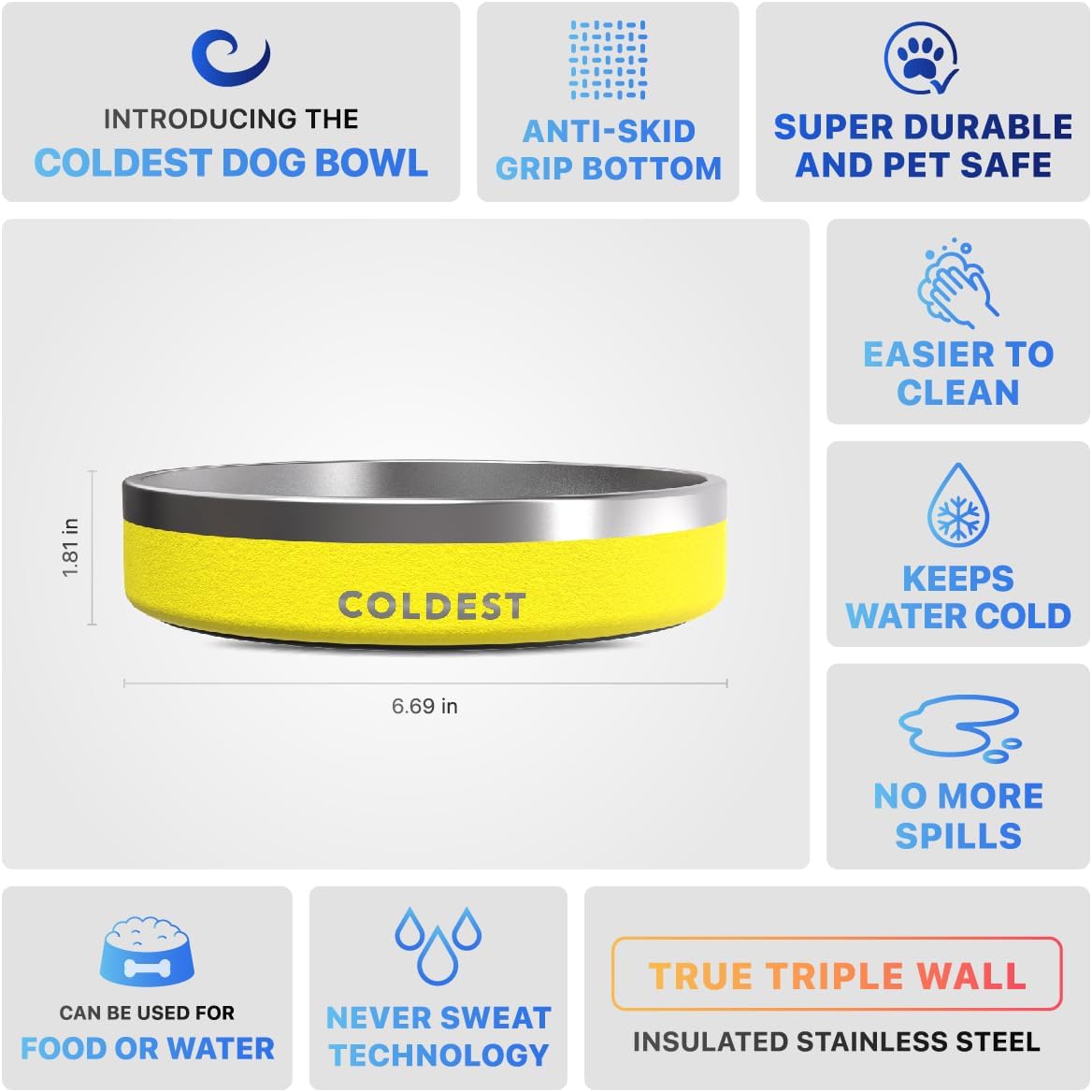 Coldest Dog Bowl - Anti Rust Metal, Non Slip, 3 Layers Insulated Stainless Steel Dog Bowls - Spill