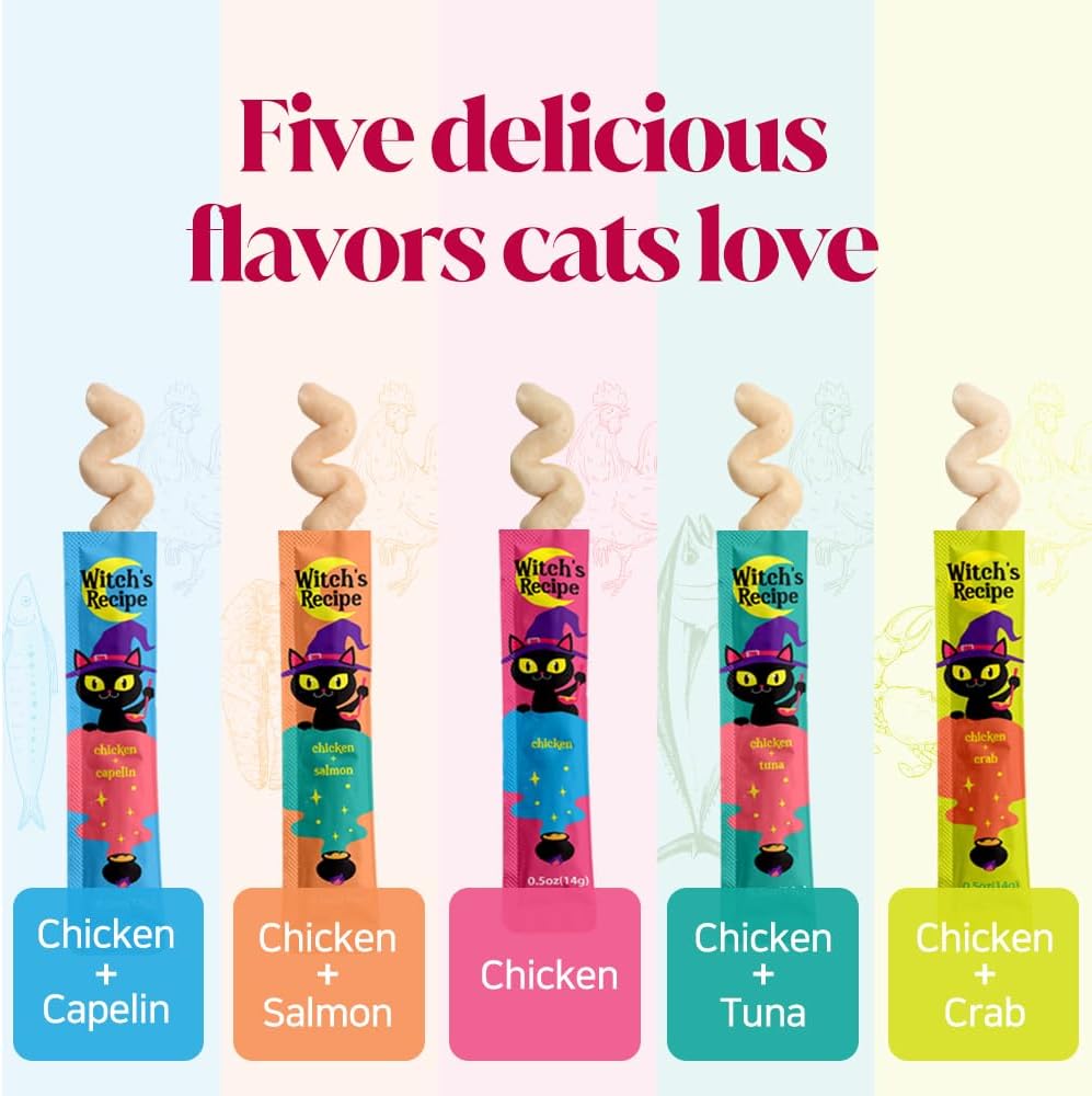 Witch's Recipe Lickable Cat Treats, Creamy Squeezable Puree, Grain-Free, 100 Tubes, Chicken Tuna