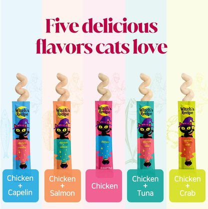 Witch's Recipe Lickable Cat Treats, Creamy Squeezable Puree, Grain-Free, 100 Tubes, Chicken Tuna