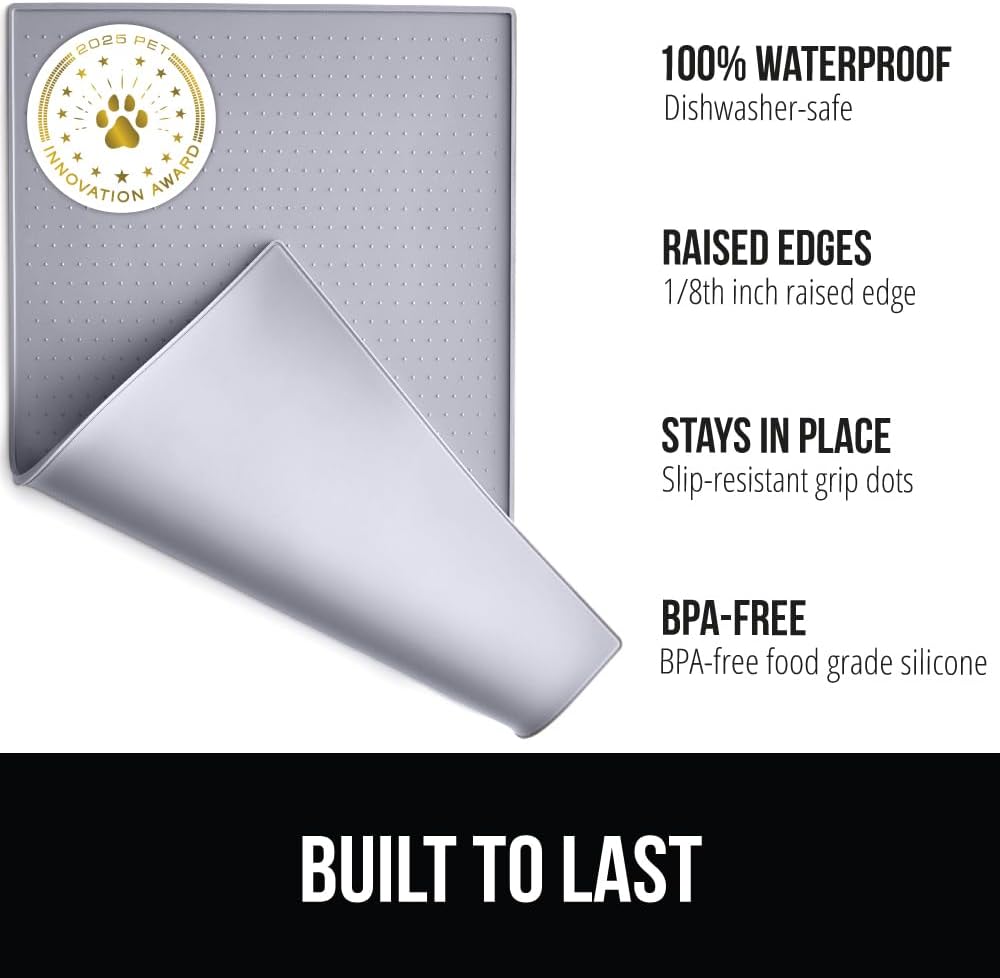 GORILLA GRIP 100% Waterproof Raised Edge BPA Free Silicone Pet Feeding Mat, Dog Cat Food Mats