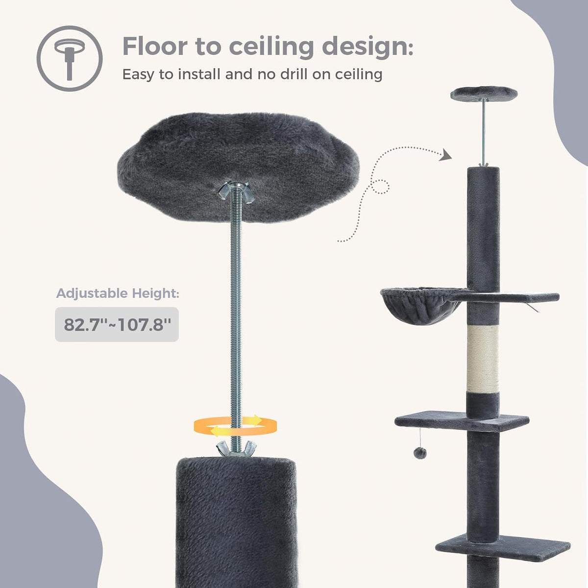 PEQULTI Floor to Ceiling Cat Tree, Tall Cat Tower, Adjustable Height (83''-108'') 5 Levels Climbing