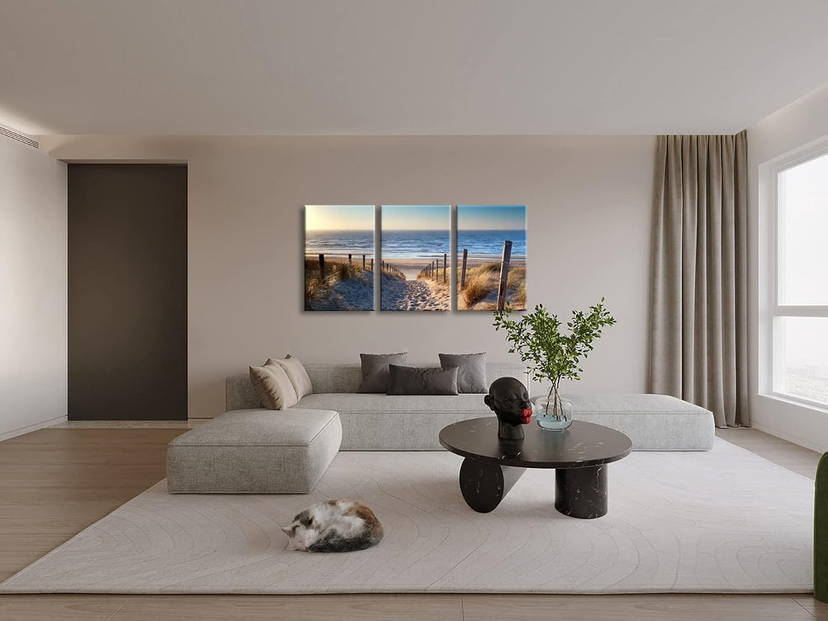 Wieco Art 3 Piece Beach Coastal Sand Dune Canvas Prints Modern Stretched Wall Art Seascape Pictures