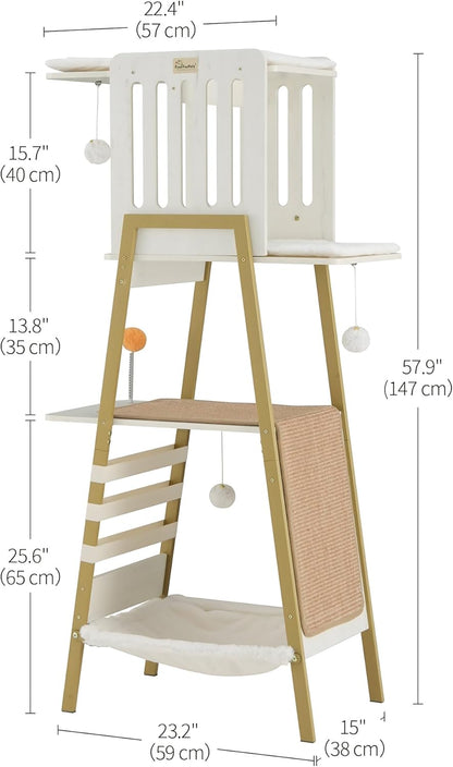 FourFurPets Modern Cat Tree, 58-Inch Cat Tower for Large Cats, Maine Coon Cat Tree with Scratching