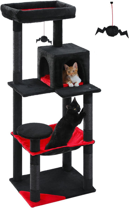 Gothic Cat Tree with Super Large Hammock, 56.3" Black Cat Tower with Coffin Bed, Cat Condo, Sisal