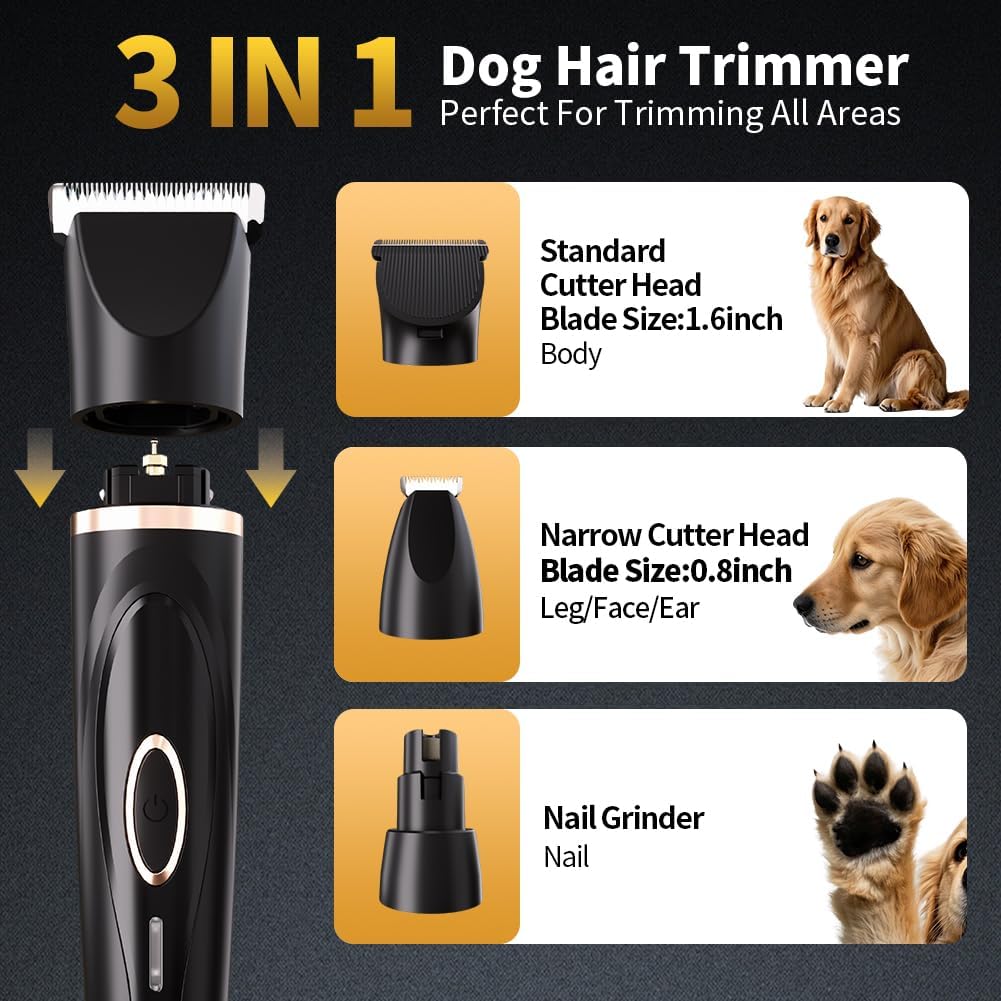 Dog Clippers Grooming Kit with Paw Trimmer, 3 in 1 Low Noise Electric Rechargeable Cordless Pet