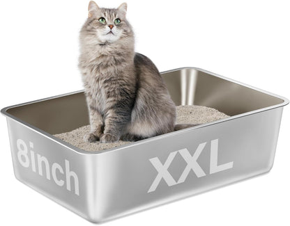Stainless Steel Litter Box,XXL Metal Cat Litter Box for Big Cats 8IN Deep, Cat LitterBox High Sided