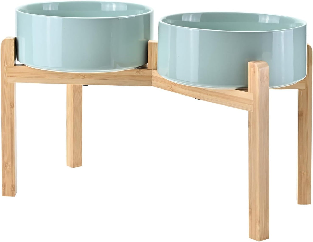 SPUNKYJUNKY Elevated Dog Bowls Ceramic, 8.3'' Dogs Food Water Bowls Raised with Non-Slip Bamboo