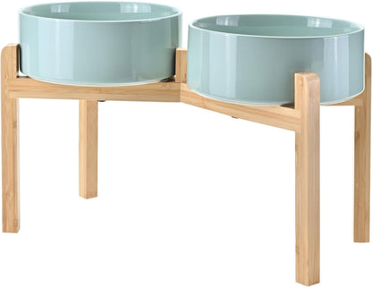 SPUNKYJUNKY Elevated Dog Bowls Ceramic, 8.3'' Dogs Food Water Bowls Raised with Non-Slip Bamboo