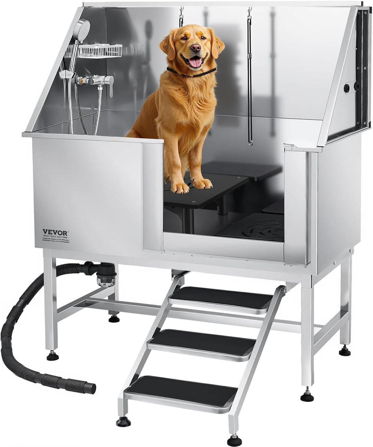 VEVOR Stainless Steel Dog Washing Station, 50 inch Pet Grooming Tub w/Stairs, PE Water Filter