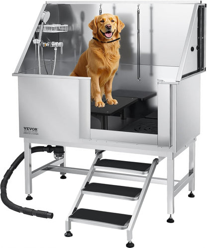 VEVOR Stainless Steel Dog Washing Station, 50 inch Pet Grooming Tub w/Stairs, PE Water Filter