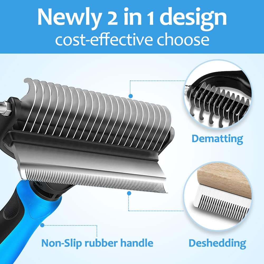 [ 2 in 1 design ] Undercoat Rake and Deshedding Tool for Dogs and Cats - Dematting Comb for Long