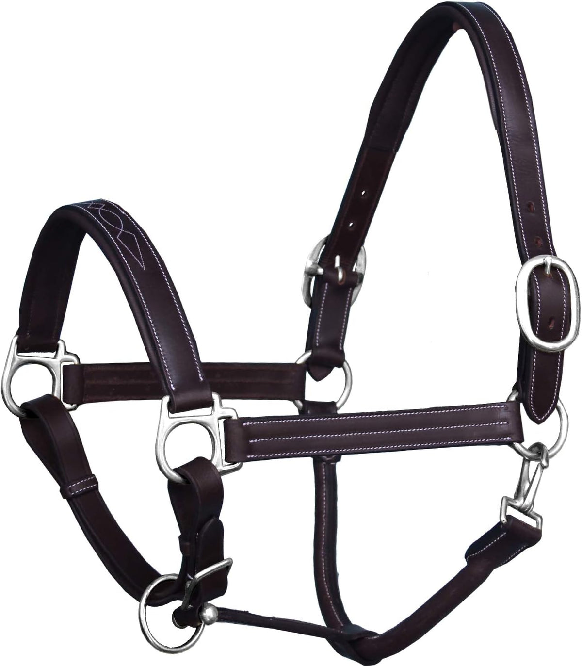 Exion Leather Horse Halter with Fancy Stitching | Black & Brown Padded Halter with Silver Brass