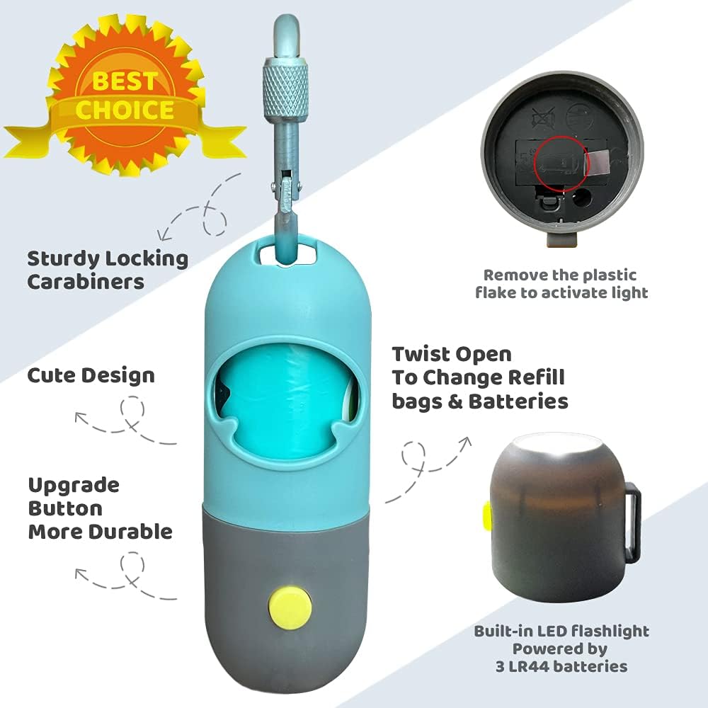 Dog Poop Bag Dispenser with Built-in LED Flashlight and Metal Clip for Leash, Pet Waste Bag Holder