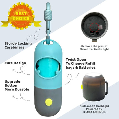 Dog Poop Bag Dispenser with Built-in LED Flashlight and Metal Clip for Leash, Pet Waste Bag Holder