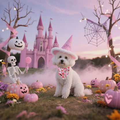Lionet Paws Halloween Dog Bandana Washable Cotton Handkerchief Scarf Triangle Flower Ghost Pink