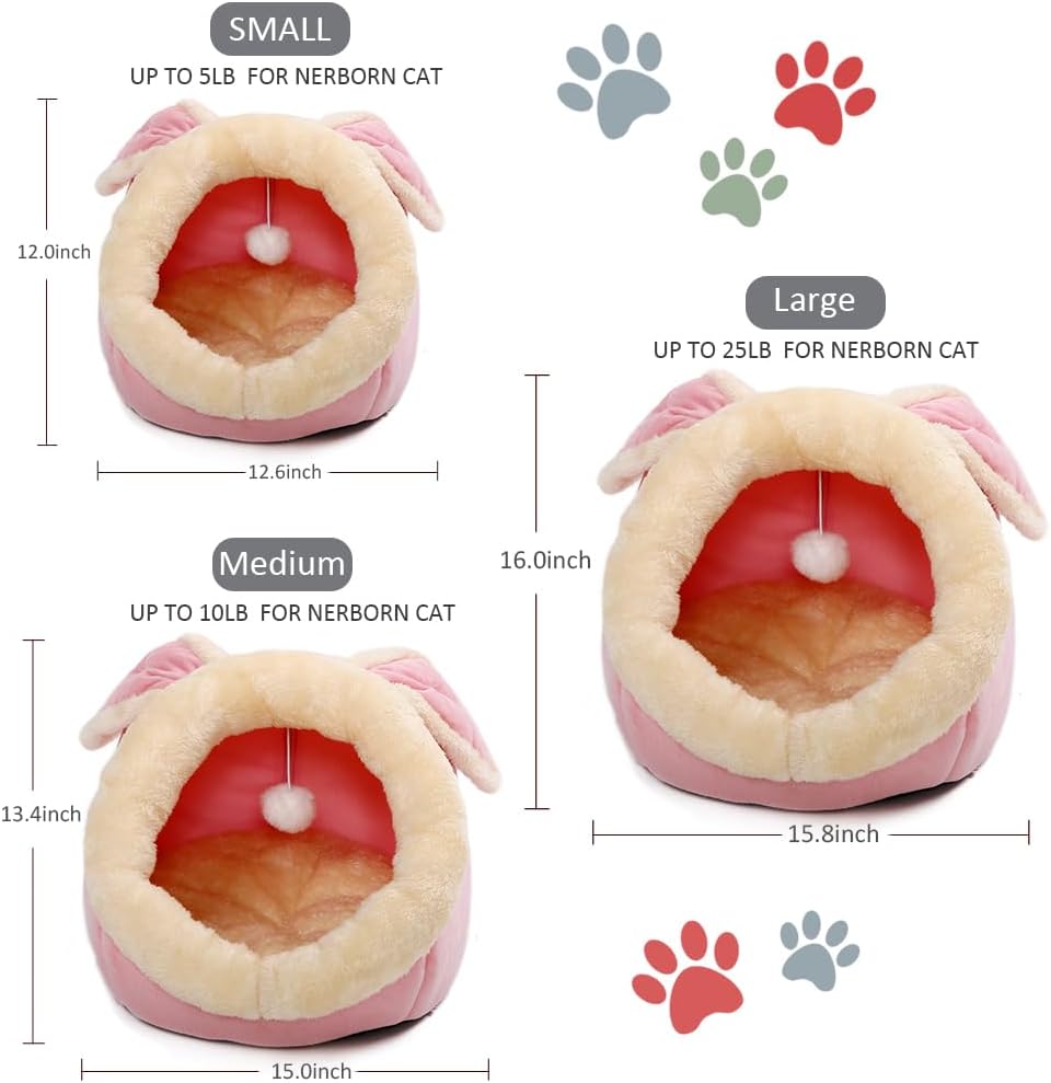 Lcybem Cat Beds for Indoor Cats - Rabbit-Shaped Cat Cave Bed with Hanging Toy,Super Soft Calming