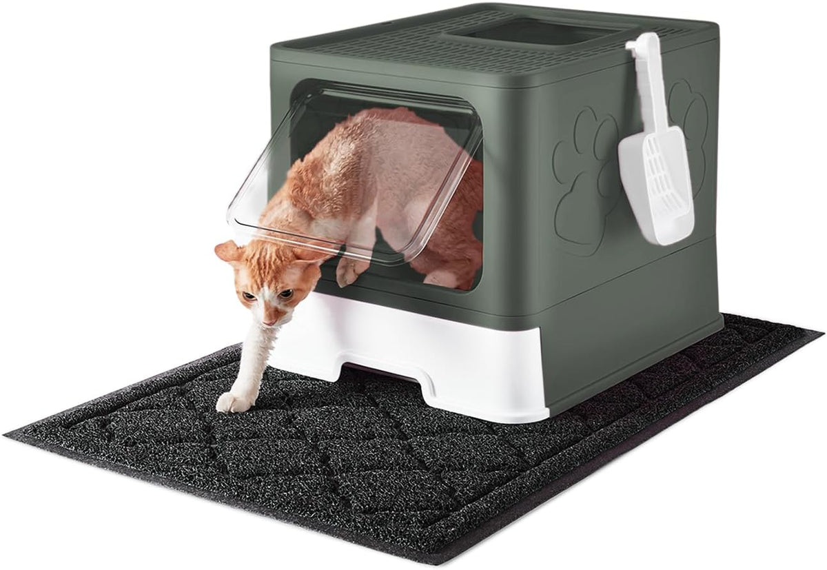 Cat Litter Box with X-Large Litter Mat and Scoop, Large Foldable Litter Box with Lid, Enclosed