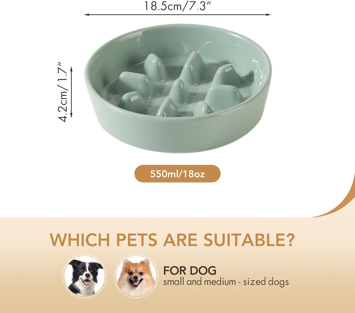 Ceramic 7.3 inch Dog Bowl Slow Feeder, Slow Pet Food Dish for Medium and Small Dog, Stop Bloat