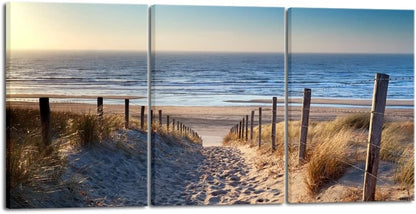 Wieco Art 3 Piece Beach Coastal Sand Dune Canvas Prints Modern Stretched Wall Art Seascape Pictures