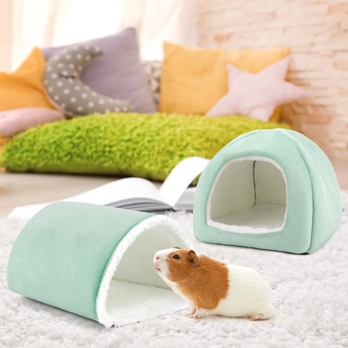 Guinea Pig Hideout and Tunnel Set, Soft Plush Bed & Play Tunnel for Guinea Pigs, Rabbits, Ferrets