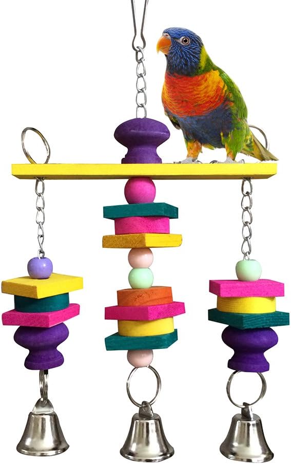 Hypeety Parrot Hanging Swing Bells Chew Toy Colorful Hanging Wood Block Natural Birds Toy for