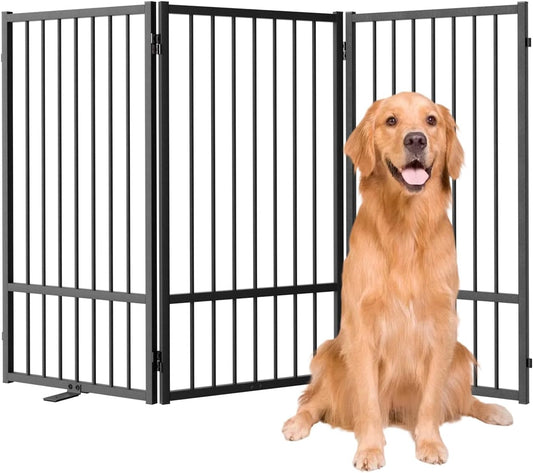 Full Metal Freestanding Dog Gate with Door, 36''Height Foldable Pet Dog Fence for Indoor & Outdoor