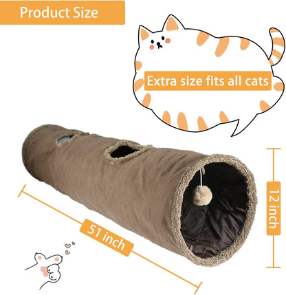 Cat Tunnel for Indoor Cats, 51×12 inch Foldable Big Cat Tunnel, Brown Suede Pet Tunnels with Two