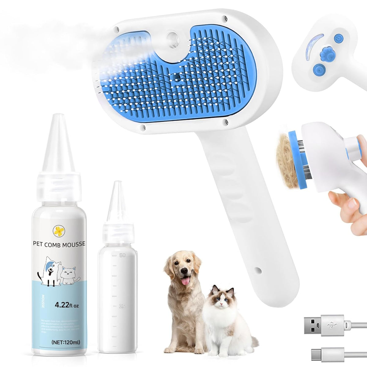Pet Steam Brush for Dog & Cat - 3-in-1 Steam Grooming Brush for Shedding & Hair Removal - Self