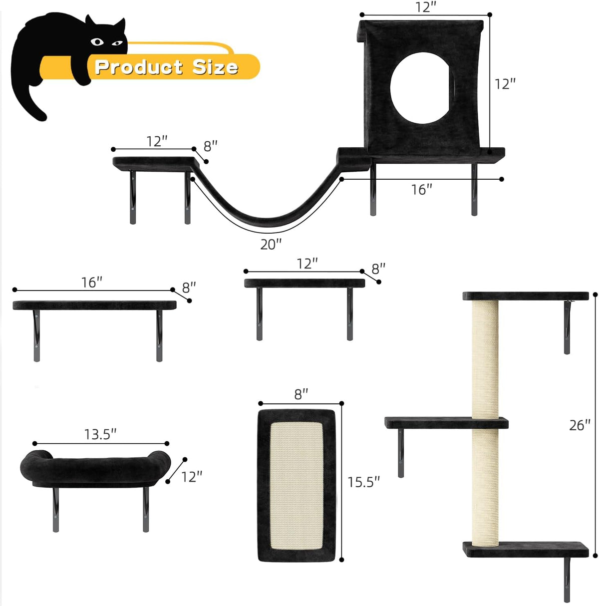NUNU LAB Wall Mounted Cat Climber Set, 6 Pcs Cat Furniture Set with House, Bridge, Steps, Scratcher