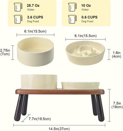 SPUNKYJUNKY Ceramic Elevated Dog Bowls with Slow Feeder Raised with Acacia Bamboo Wooden Stand